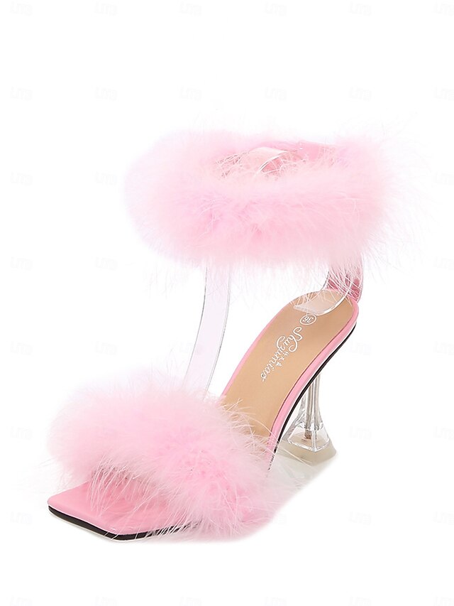Clear Heel High Feather-Embellished Sandals with Turquoise