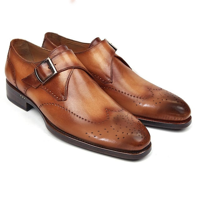 Shoes Brown Men's Leather Monk Classic Faux – Strap