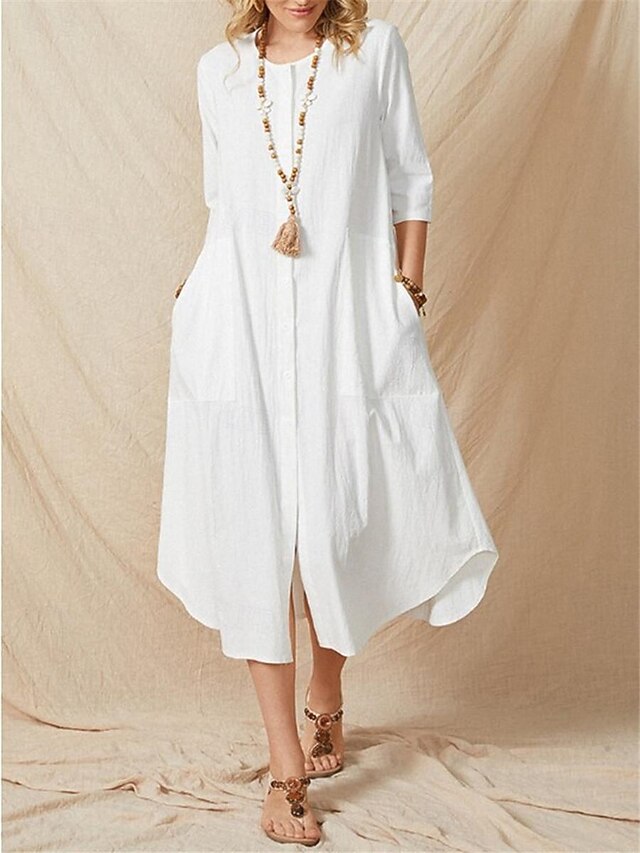 Women's White Summer Spring Midi Dress Cotton Blend White