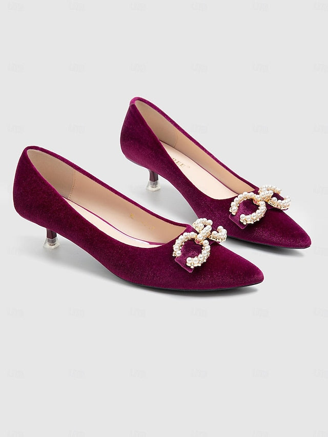 - Pumps Heel Women's Kitten with Bow Pearl Burgundy Velvet