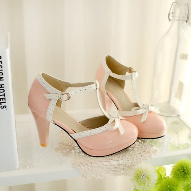 with Black White High Patent Women's Heels Leather T-Strap
