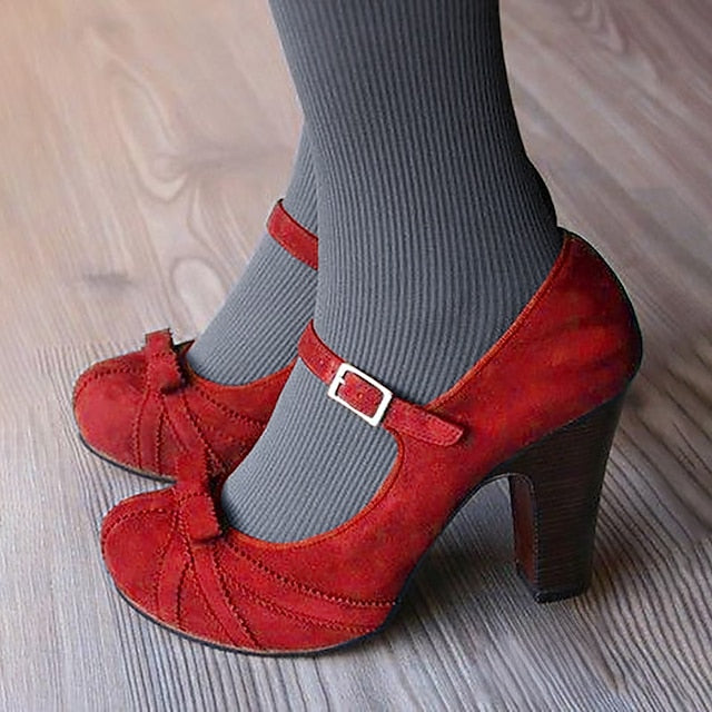Jane Detail Black Red with Mary Heels Suede Women's and Bow