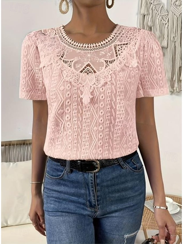 Women's T Shirt Lace Patchwork Plain Fashion Modern Casual