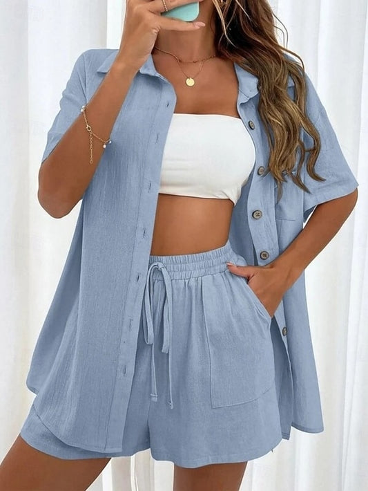 Women's Shorts Sets Short Sleeve Shirt Collar Solid Color