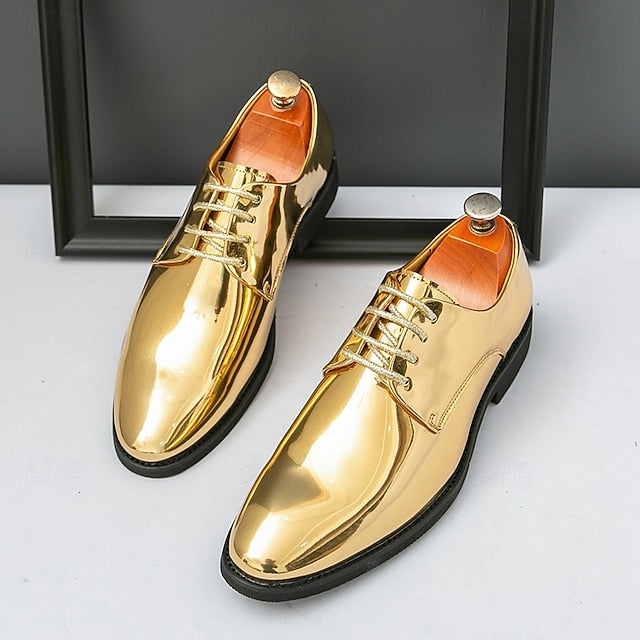 Lace-Up – Men Leather Patent Shiny for Sleek Gold Shoes