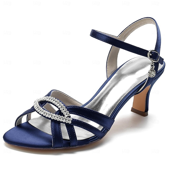 Heels Rhinestone Strappy Satin Women's Blue with Dark