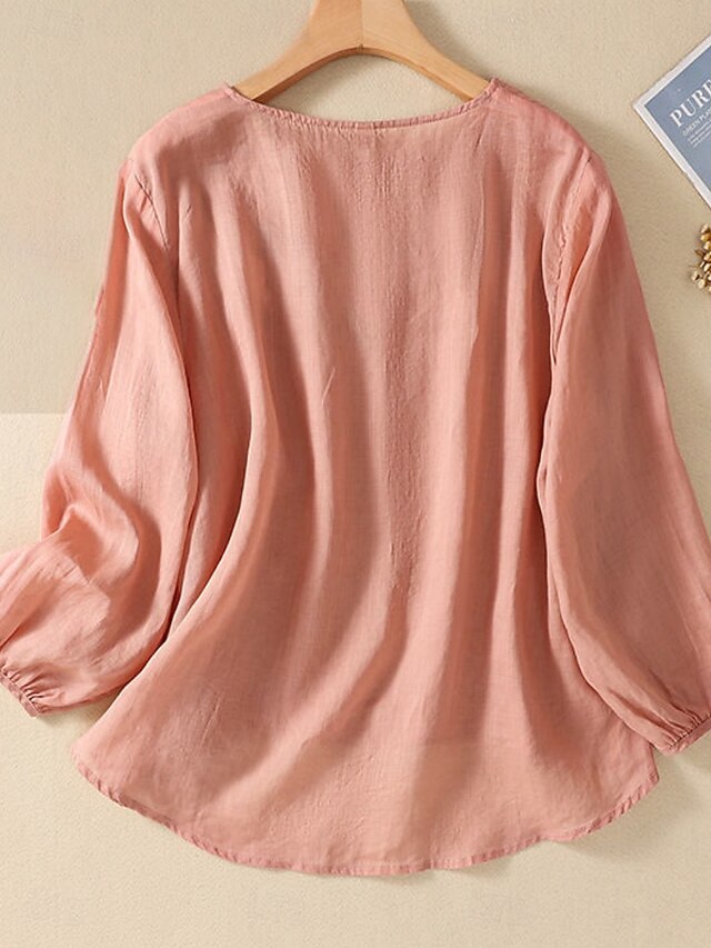 Women's Shirt Blouse Faux Cotton Linen Embroidered Solid