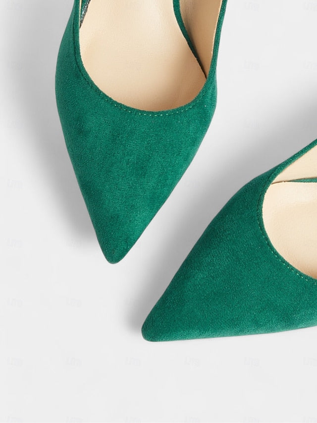 with Emerald Pointed-Toe Suede Green Women's Kitten Pumps