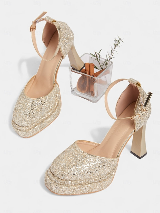 Women's Glitter Heels Platform Gold High