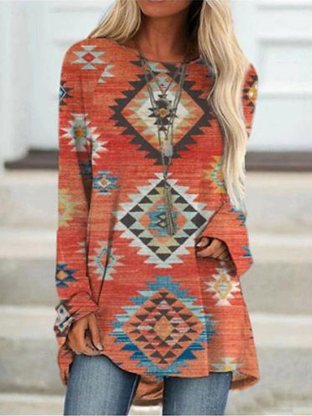 Women's T shirt Long Sleeve Graphic Geometric Vintage