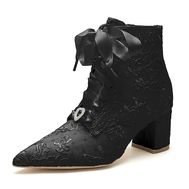 Bridal – Lace-Up White Floral Embroidered Women's Booties