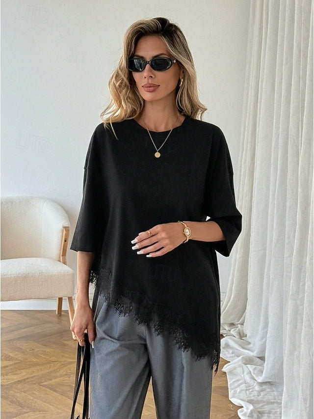 Women's Elegant Tunic T Shirt Asymmetrical Hem Plain