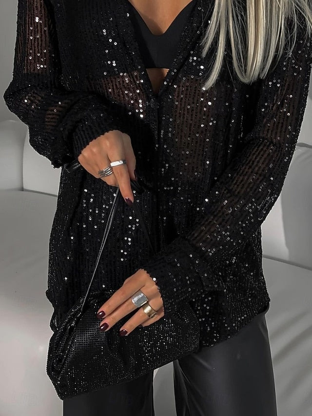 Women's Casual Shirt Button Up Shirt Blouse Sequins Buttons