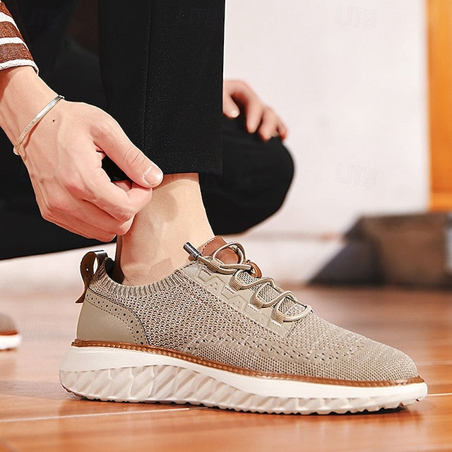 Shoes with Lace-Up Knit Lightweight Sneakers Men's Beige