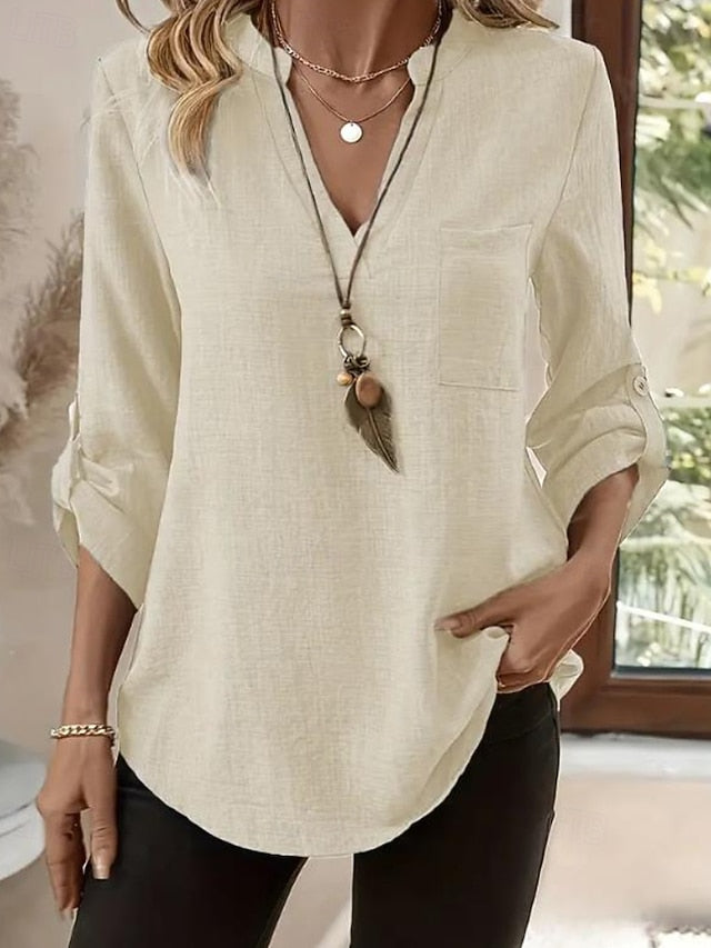 Women's Shirt Blouse Pocket Solid Color Casual Long Sleeve