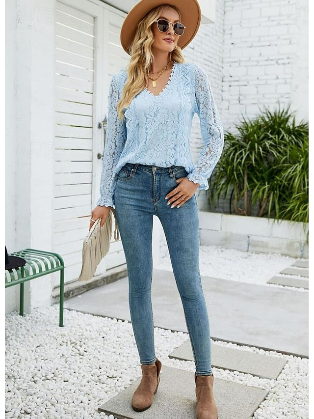 Women's Elegant Lace Tops Eyelet Blouse Elegant Solid Color