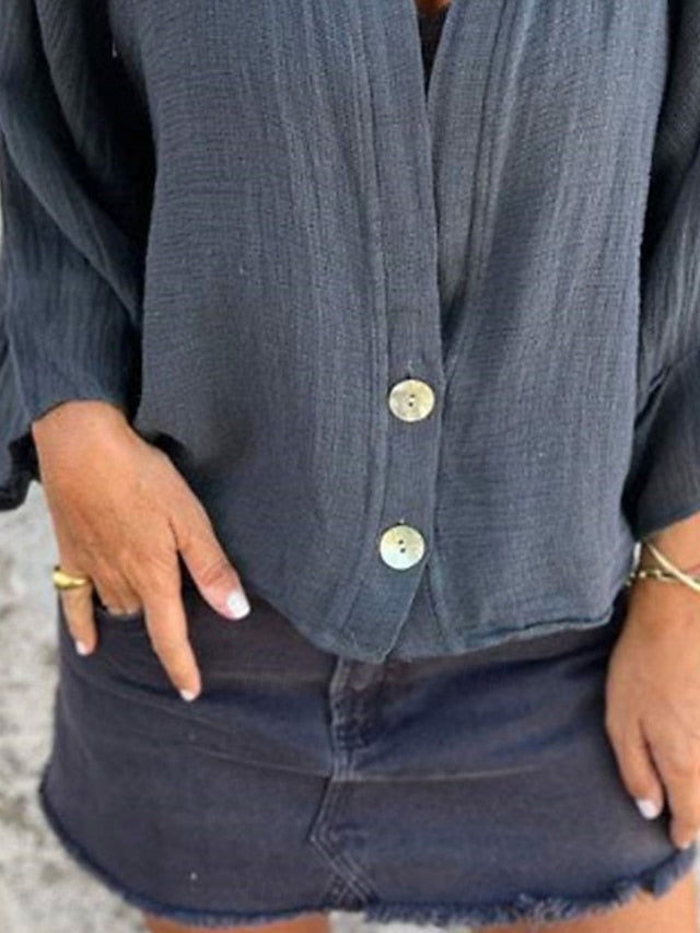 Women's Button Up T Shirt Faux Cotton Linen Patchwork