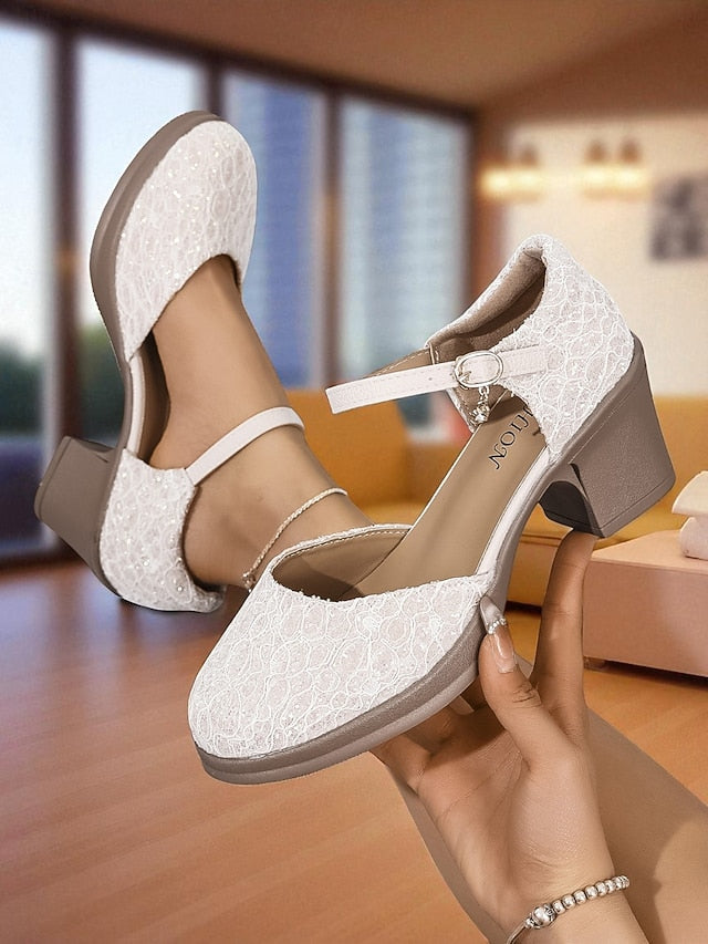 - Lace Comfortable Low Shoes Jane Women's Chunky Mary Heel