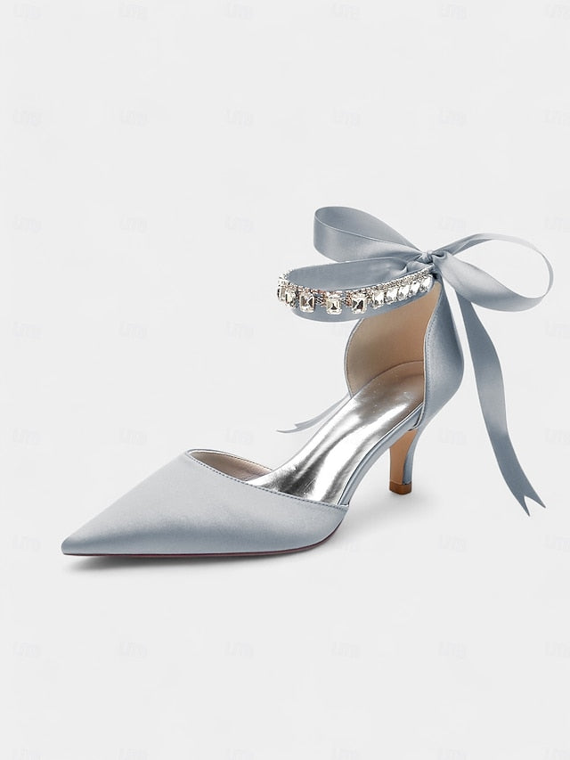 Satin Ankle Strap Blue Heels Pointed-Kitten and with Rhinestone
