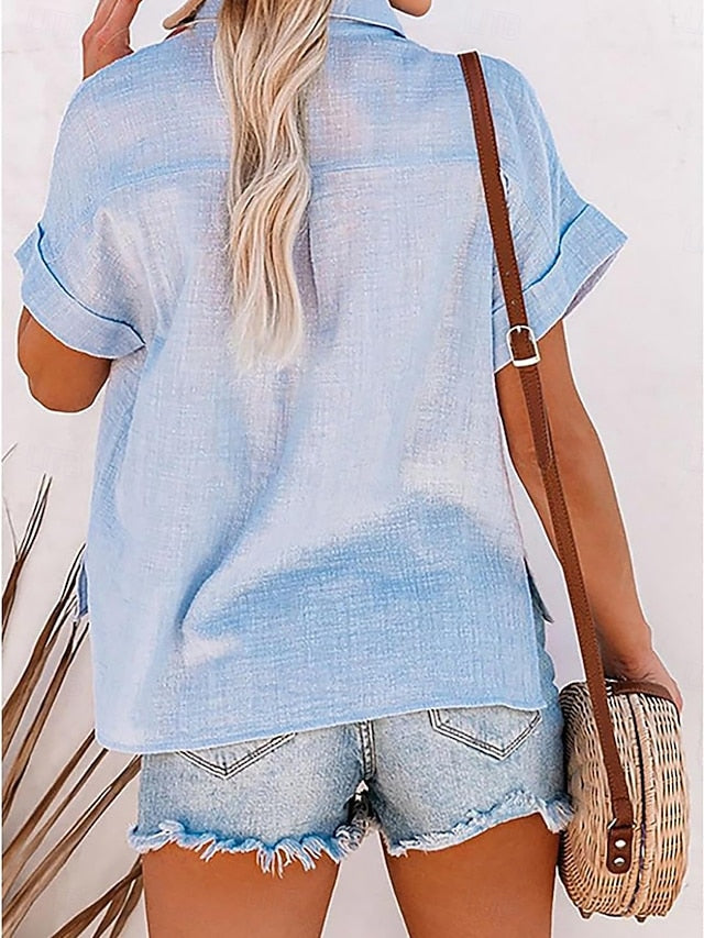 Women's Shirt Button Up Blouse Faux Cotton Linen Pocket