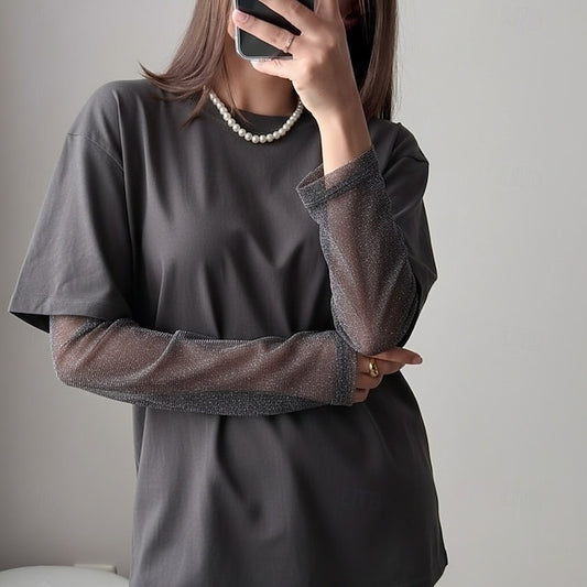 Women's Mesh Patchwork Top Lace Patchwork Fake two piece