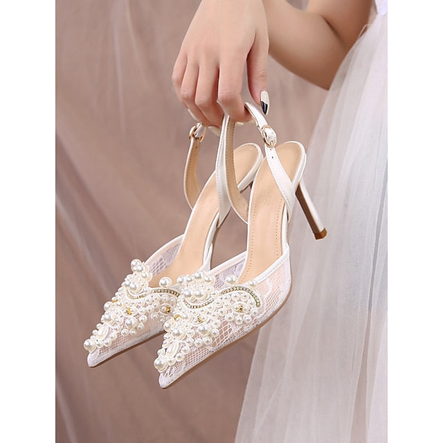 Pearl-Embellished White Heel Slingback Kitten with Pointed-Toe