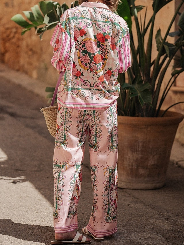 Women's Shirt Blouse Wide Leg Pants Long Sleeve Shirt