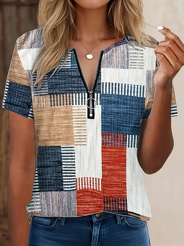 Women's T Shirt Quarter Zip Graphic Geometric Tropical