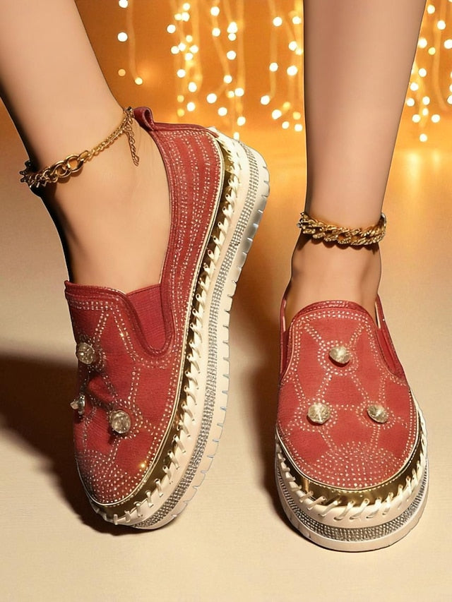 Rhinestone Red Sneakers Studs with Slip-On Platform Women's
