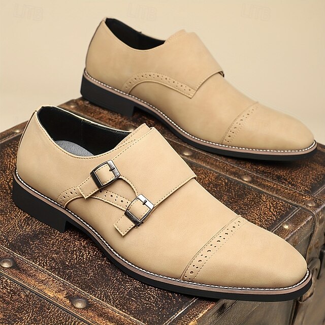 Faux Leather Monk with Shoes Beige Double Strap Men's