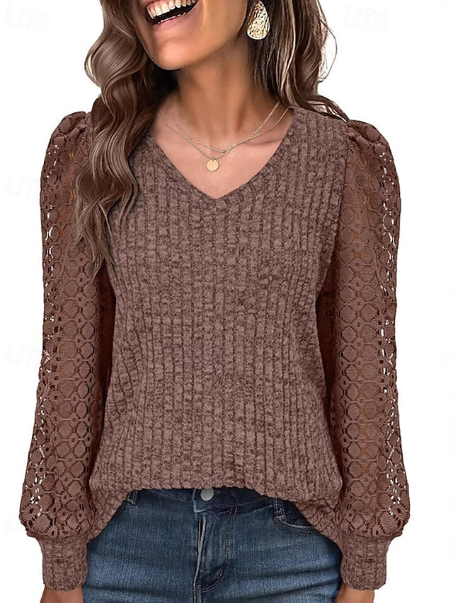 Women's T Shirt Lace Splicing Top Lace Patchwork Solid