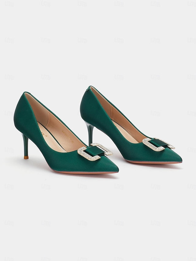 for Green Satin Elegant Women: with Pumps Buckle Rhinestone