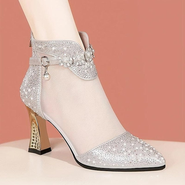 – Heels Mesh with Women's Rhinestone Ankle Golden Boots