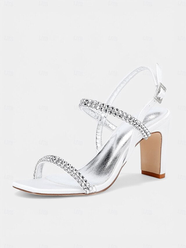 – Rhinestone Prom Women's Heel Sandals White Block Bridal