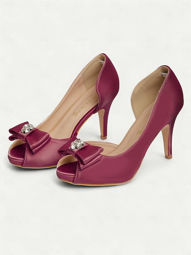 Toe Heels Satin Champagne Women's Peep and with Bow