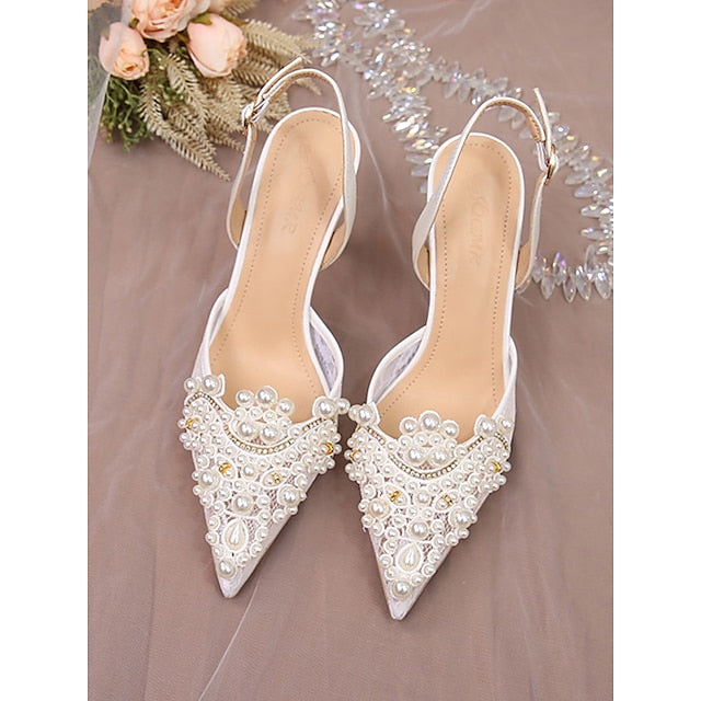 Pointed-Toe Heel with White Kitten Pearl-Embellished Slingback