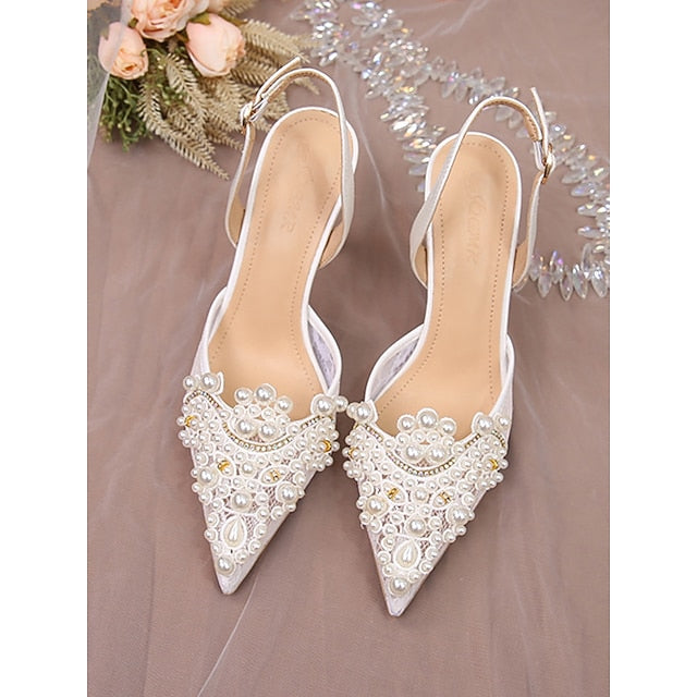 Pearl-Embellished White Heel Slingback Kitten with Pointed-Toe
