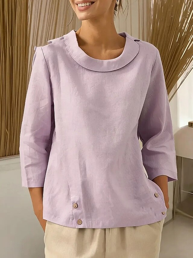 Women's Cotton Linen Shirts Blouse Dressy Tops Ruched