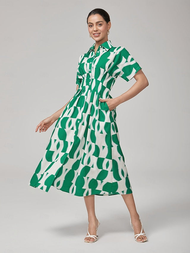 Vintage Green Geometric Pleated Shirt Dress