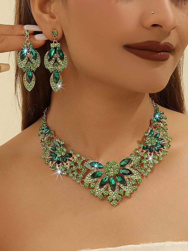 Jewelry Necklace Set – Elegant Green  Statement Crystal