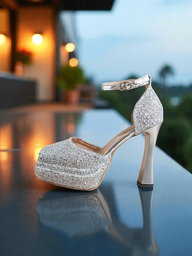 Glitter Platform Gold High Women's Heels