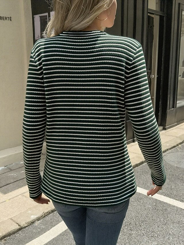 Women's Striped Knit Tops Tee Buttons Stylish Classic