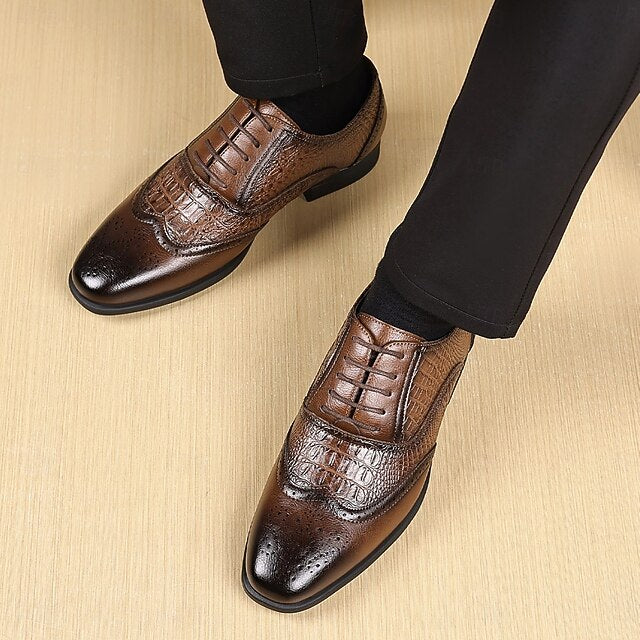 Men's – Pattern Shoes Crocodile Brown Oxford Leather Faux