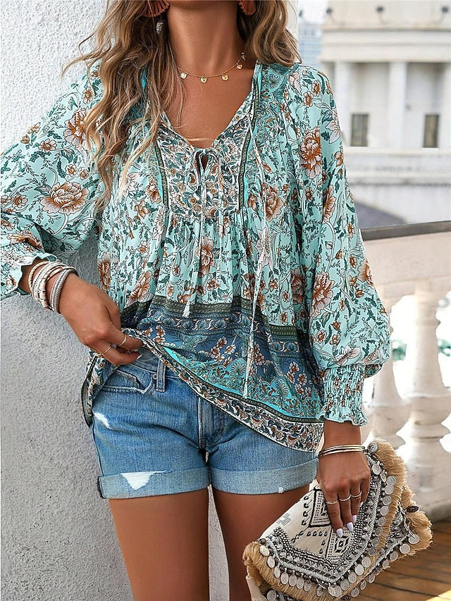 Women's Shirt Blouse Casual Boho Floral Lace up Print Long