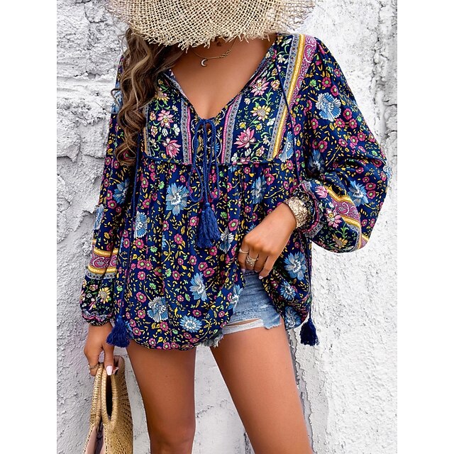 Women's Shirt Blouse Lace up Print Floral Bohemia Ethnic