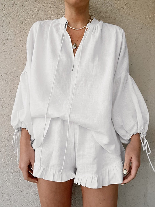 Women's Cotton Linen Sets Bolero Top Long Sleeve Lantern