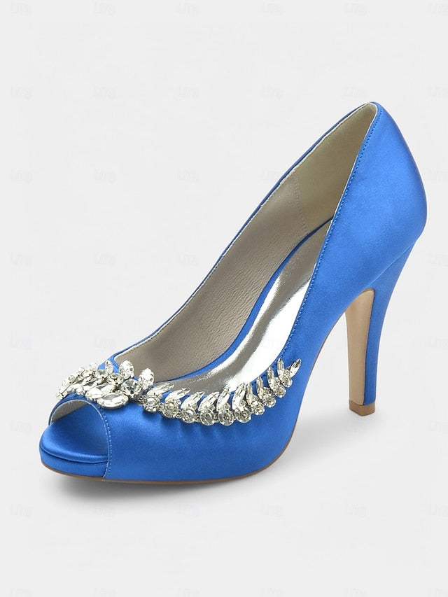 Blue Embellishment Heels Luxury with Crystal Peep-Toe – Satin