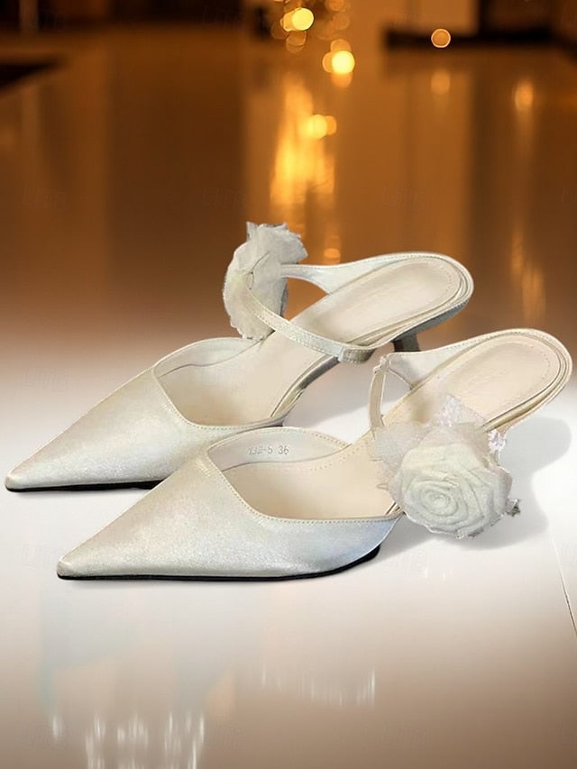 Ankle Pointed with Women's Heels Satin Toe Floral Green