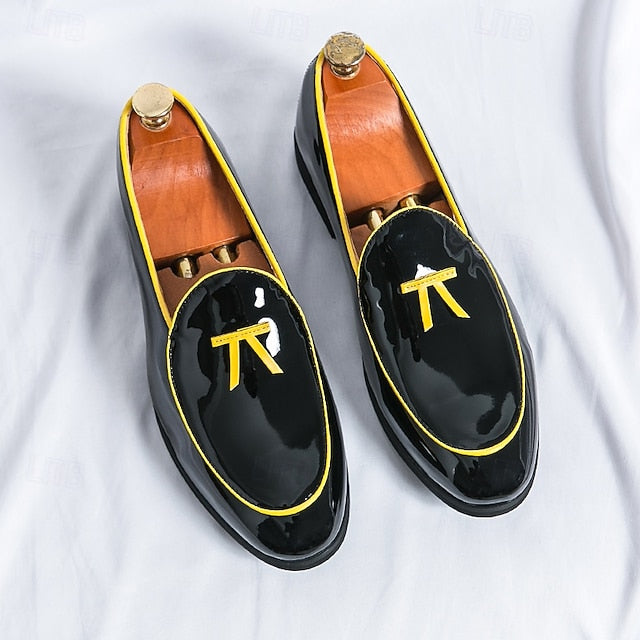 Yellow Loafers Black Leather with Faux Trim Men's Patent