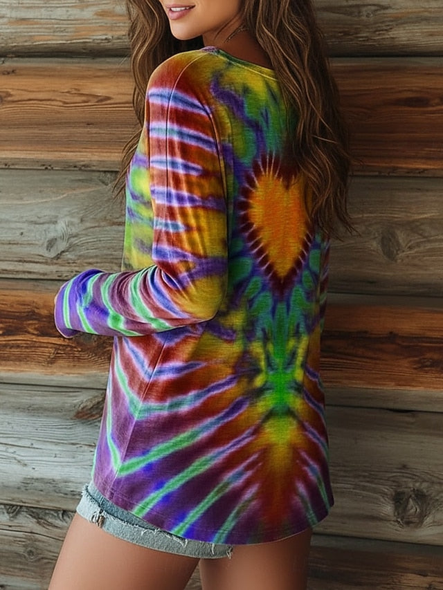 Women's T Shirt Print Heart Graphic Tie Dye Bohemia Vintage